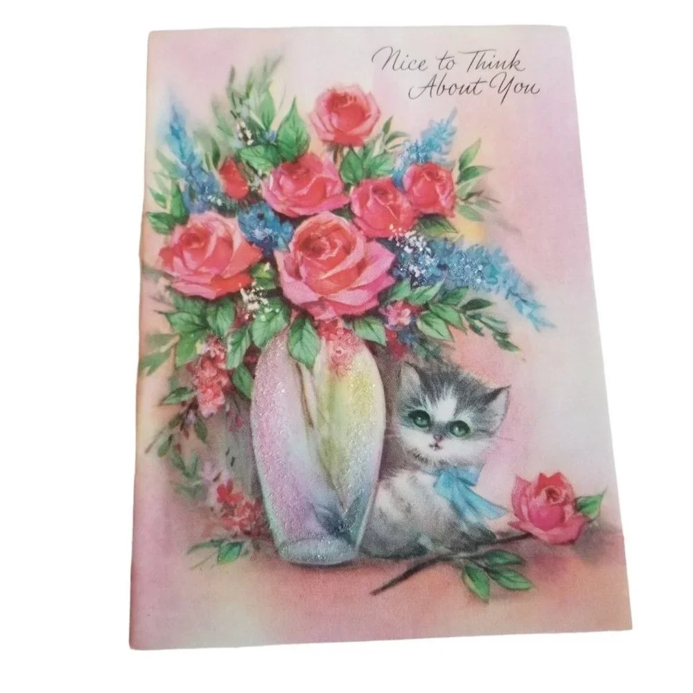 Vintage Greeting Card Nice to Think About You Pink Roses Glitter Kitty Kitten
